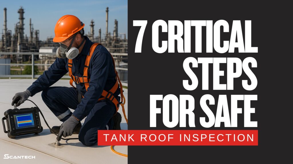 Technician in safety gear using an ultrasonic scanner on a large storage tank roof during a tank roof inspection, with a safety harness and industrial facility in view.
