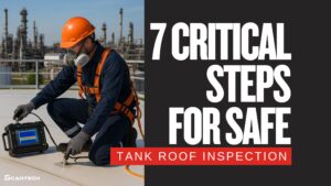 Technician in safety gear using an ultrasonic scanner on a large storage tank roof during a tank roof inspection, with a safety harness and industrial facility in view.