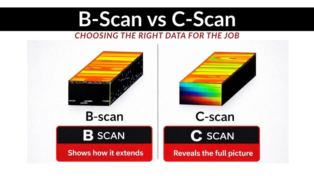 B-scan versus C-scan ultrasonic data comparison showing cross-sectional depth view and area-based corrosion map