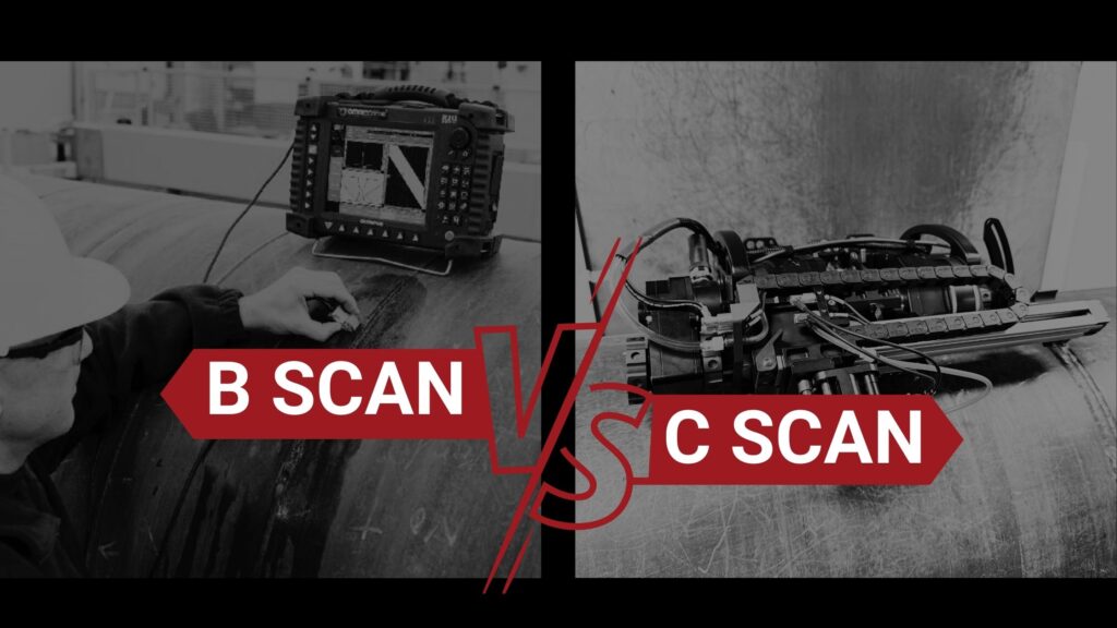 Manual versus automated ultrasonic testing scanning comparison showing handheld probe and automated scanner on industrial surface