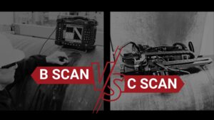 Manual versus automated ultrasonic testing scanning comparison showing handheld probe and automated scanner on industrial surface