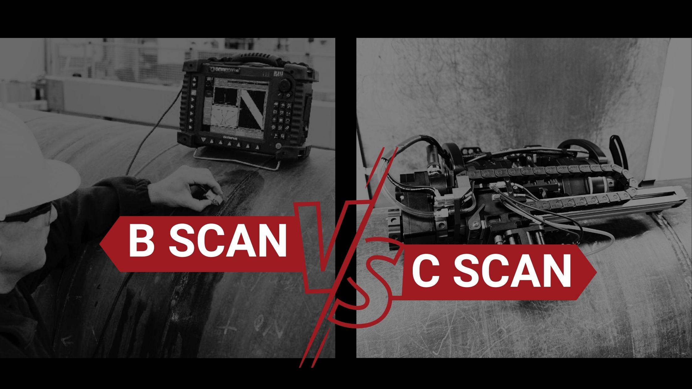 Manual versus automated ultrasonic testing scanning comparison showing handheld probe and automated scanner on industrial surface