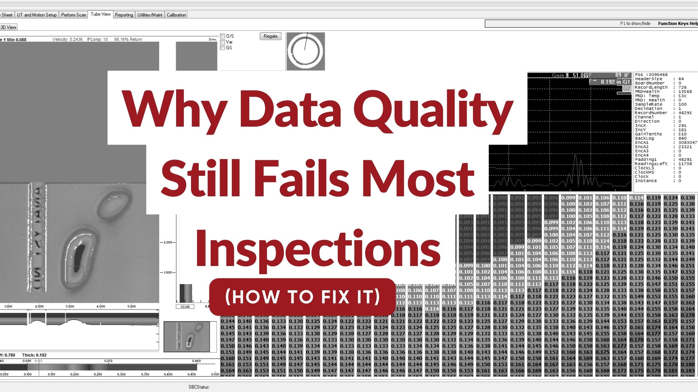Ultrasonic testing inspection showing clean vs noisy data quality comparison in industrial scanning