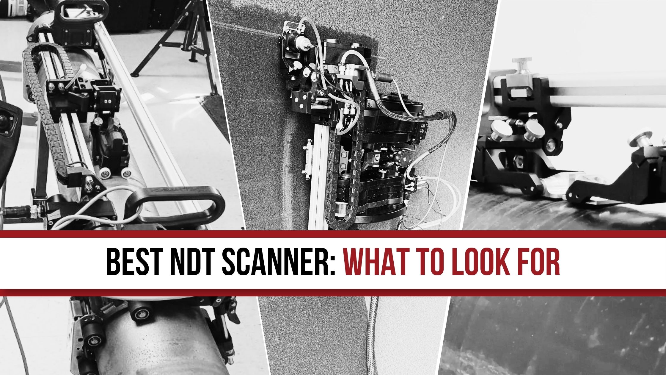 A robotic scanner performing corrosion mapping on a large tank shell. An ultrasonic pipe scanner on a large-diameter line with inspection software visible in the background. A four-panel industrial image showing pipe, tank, vessel, and ship hull inspection applications.