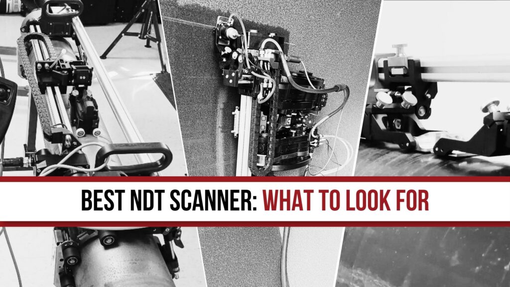 A robotic scanner performing corrosion mapping on a large tank shell. An ultrasonic pipe scanner on a large-diameter line with inspection software visible in the background. A four-panel industrial image showing pipe, tank, vessel, and ship hull inspection applications.