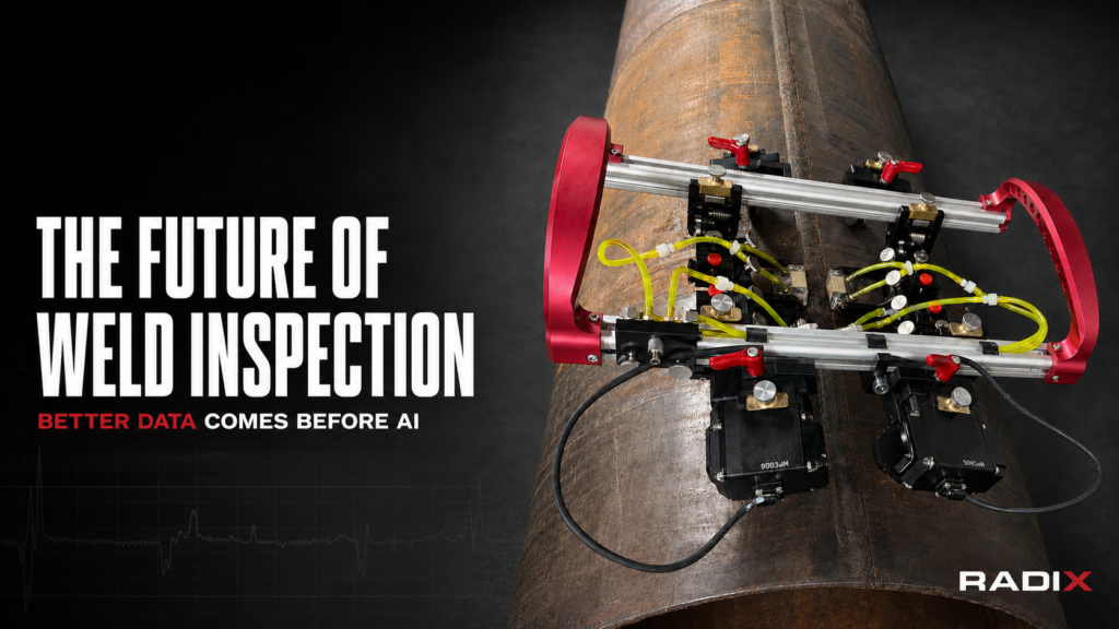 RADIX ultrasonic scanner performing automated weld inspection on a steel pipe