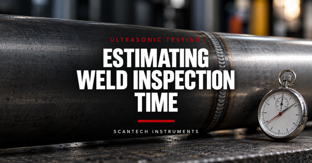 Steel pipe with a circumferential weld beside a stopwatch, illustrating weld inspection time estimation.